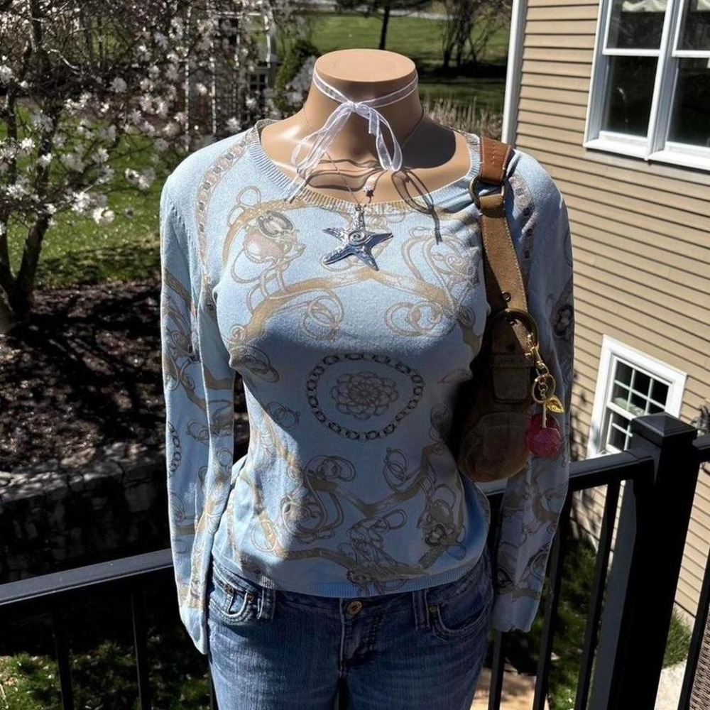 y2k 2000s avant garde baby blue chain print long sleeve top